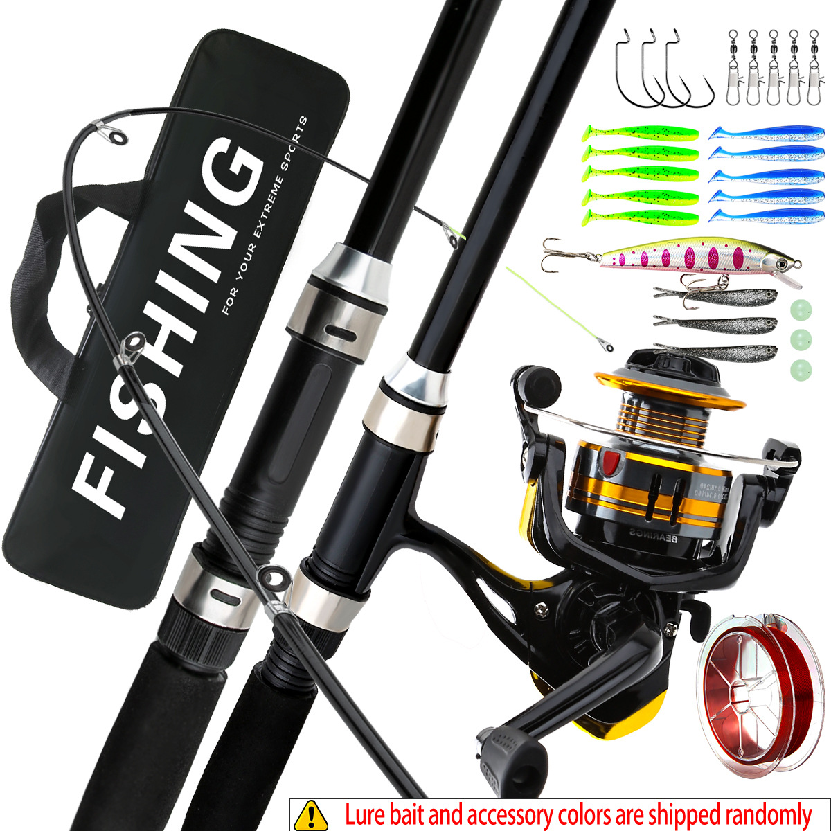 Freshwater Line - 釣り竿とリールのコンボセット、ストレートハンドルスピニングリール、ルアー、餌、フック、ライン、キャリーバッグ付き、淡水・海水魚用